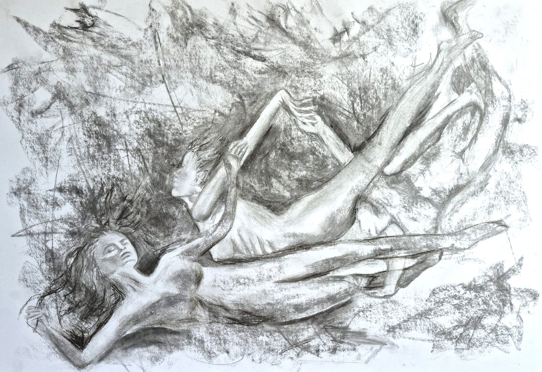Intimate figurative charcoal sketch of interconnected figures