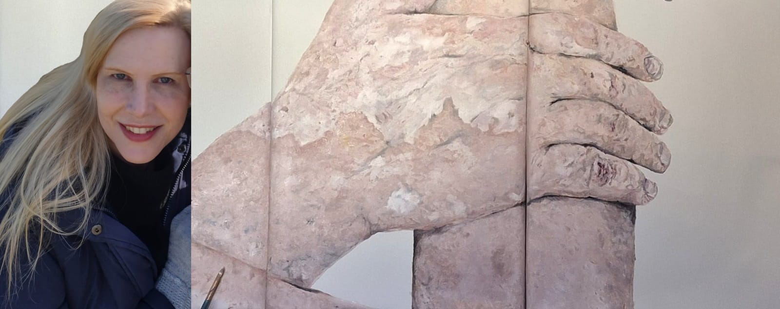 Elizabeth Le Grange in the studio with the Intent triptych painting