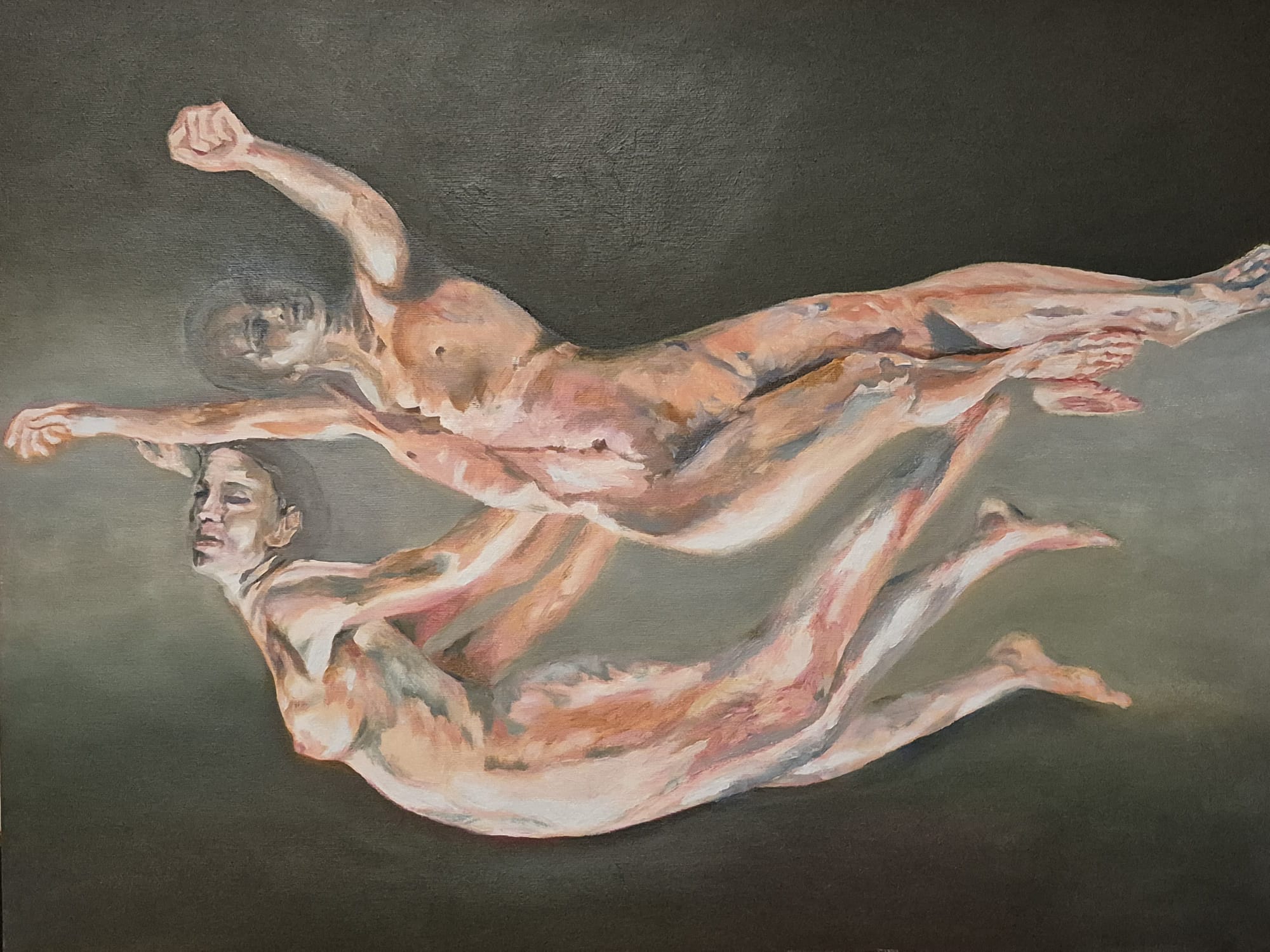 Figurative oil painting exploring form, flight, and weightless synchronicity