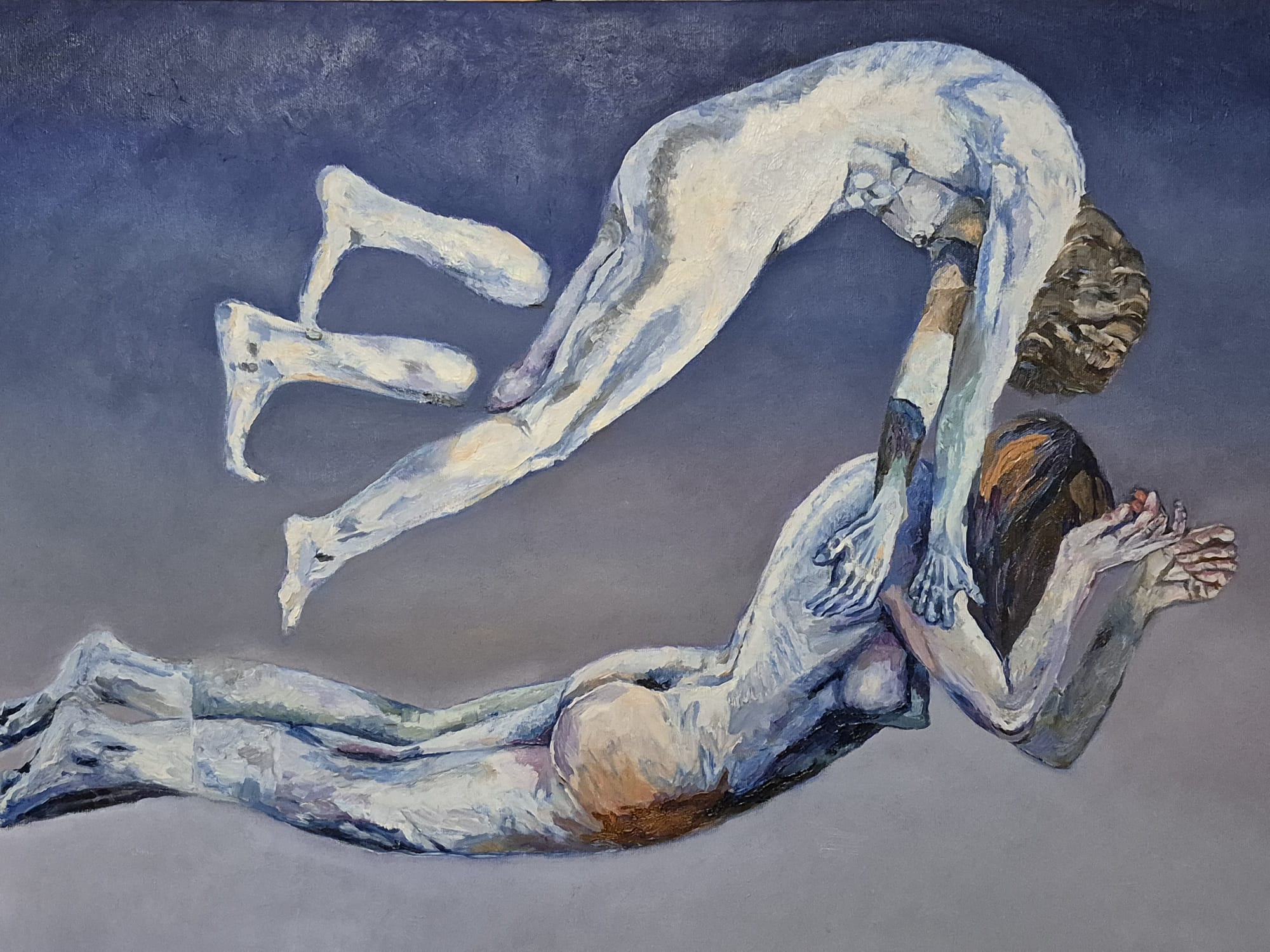 Figurative oil painting capturing a moment of lifting, suspension, and deep emotional support
