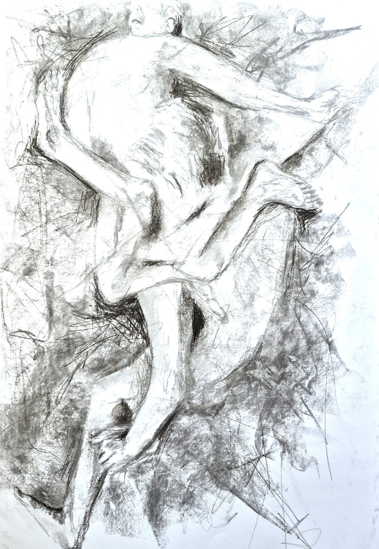 Powerful vertical figurative charcoal sketch with ascending figures