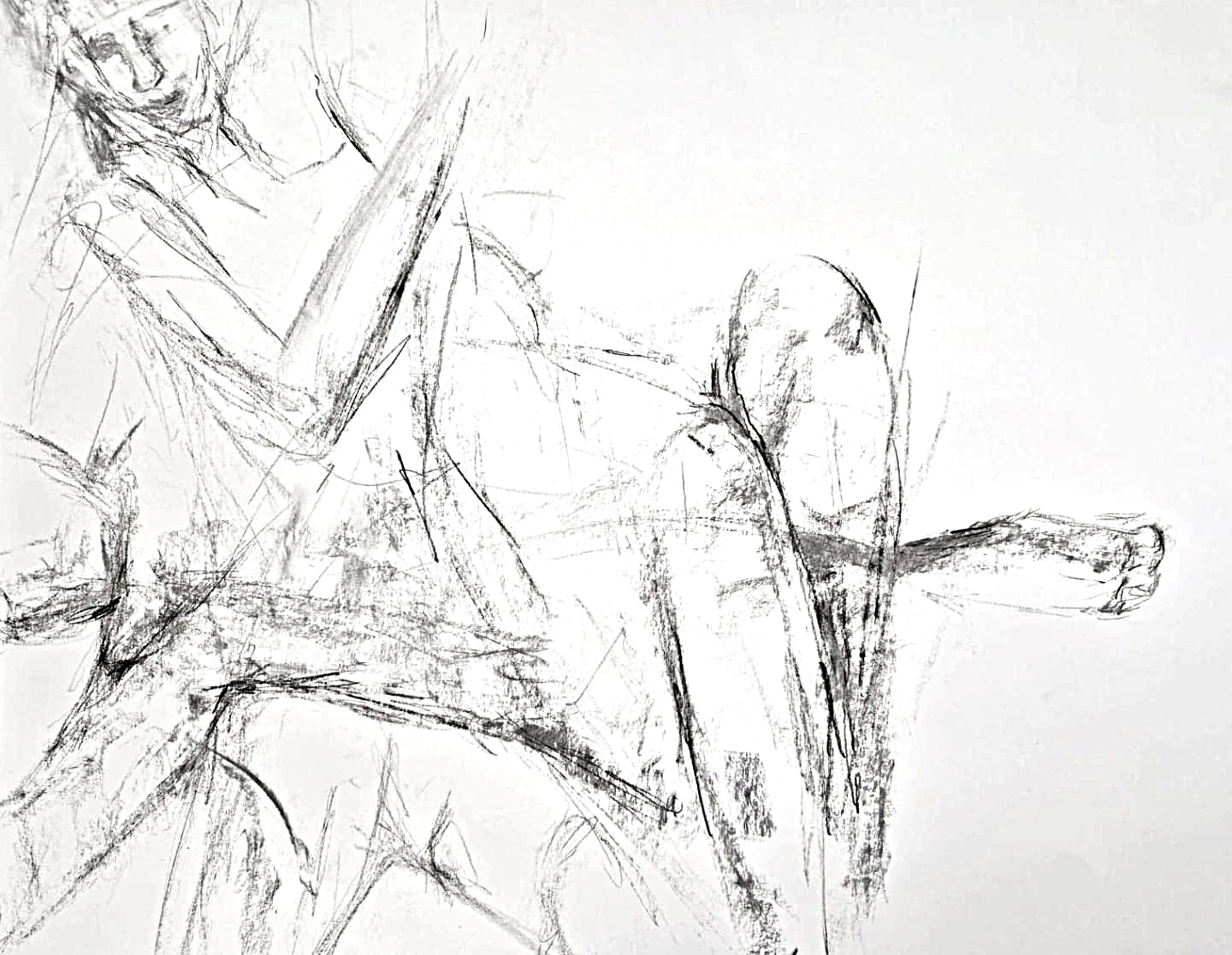 Figurative charcoal sketch exploring alignment and gestural weightlessness