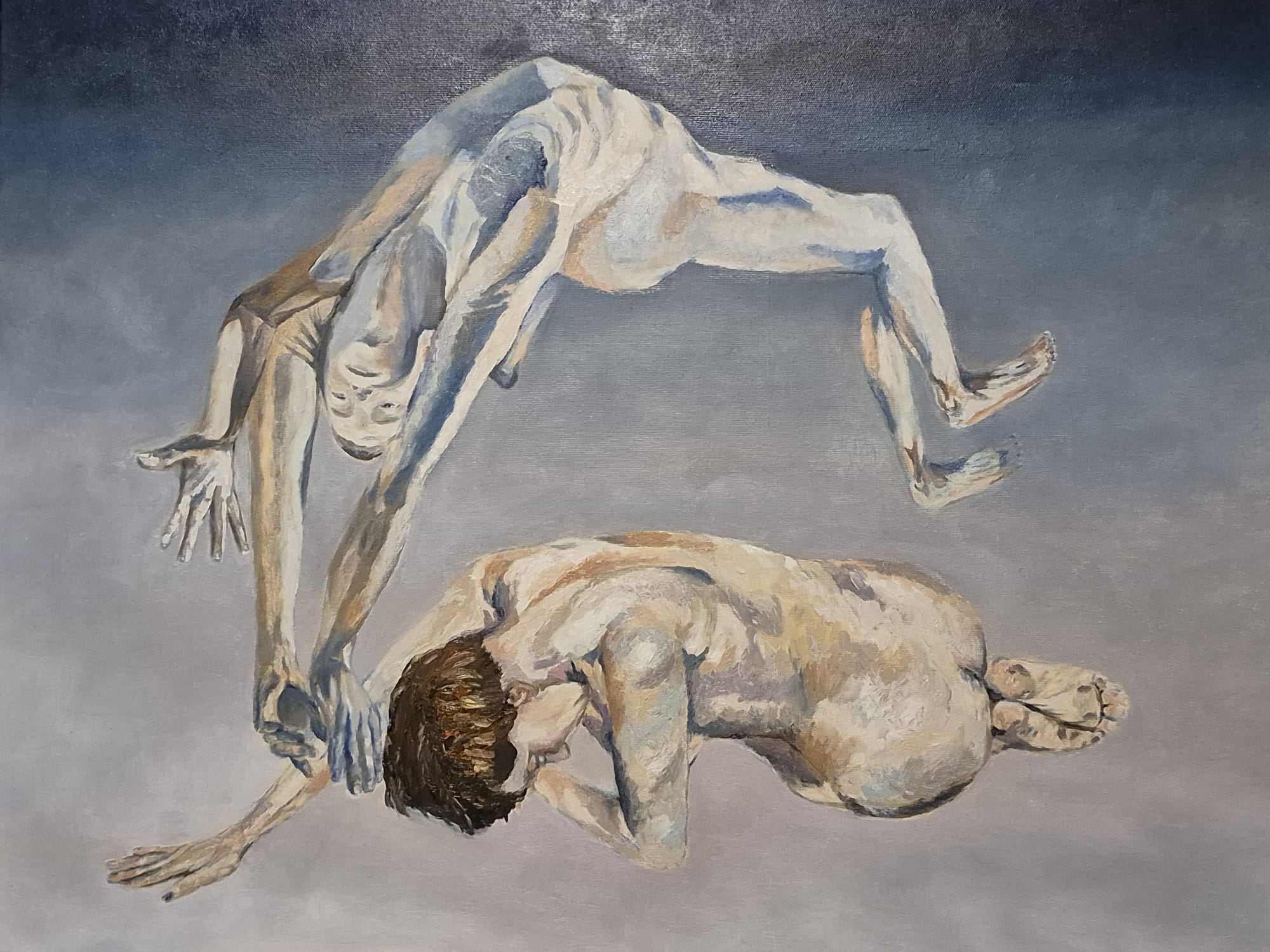 Figurative oil painting exploring tension, surrender, and contrast of forms